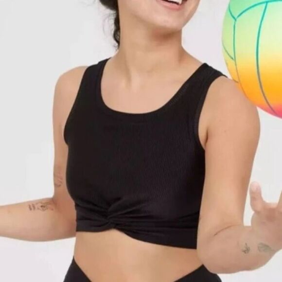 NWT Aerie size medium ribbed twist front medium support sports bra black - Picture 1 of 7
